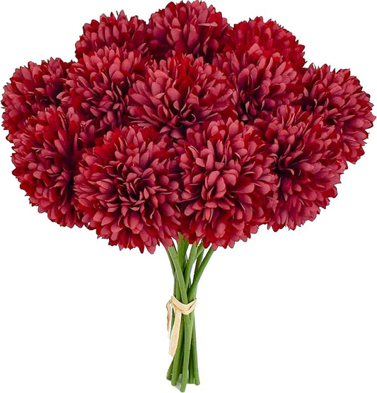 Mandy's Burgundy Artificial Ball Chrysanthemum 12 Stems Faux Flowers with Bendable Stems for DIY Wedding Centerpiece Fall Decor Home Arrangements