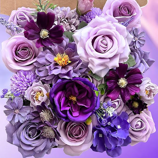 ASTRYAS Artificial Purple Flowers Combo Box Set Mix Silk Flowers Dahlia Roses with Stems for DIY Wedding Bouquets Centerpieces Arrangements Party Bridal Baby Shower Home Decorations