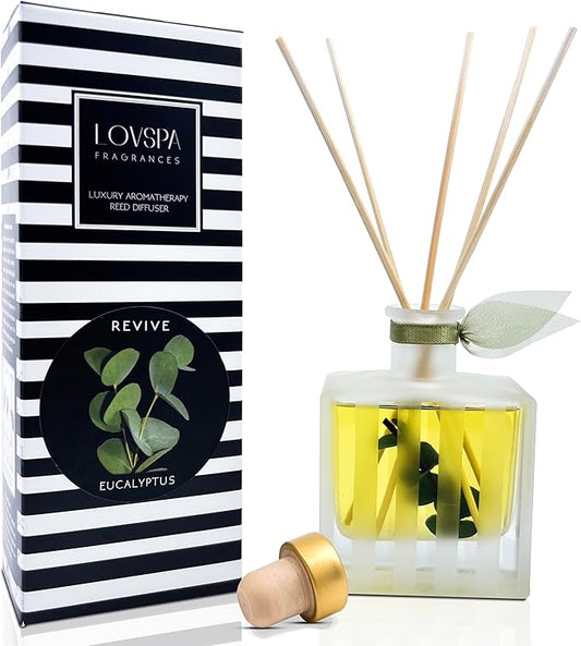 LOVSPA Revive Eucalyptus Essential Oil Reed Diffuser Gift Set | Fresh Eucalyptus, Sage, Citrus, Bamboo & Mint | Great Aromatherapy Gift | Modern Striped Glass Bottle - Packaging May Vary