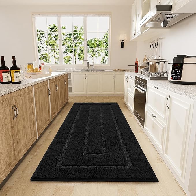 HOMORE Bathroom Runner Rugs 24 x 70 Non Slip Washable Long Bath Rug, Black Rugs for Bathroom Absorbent Bath Rug Runner with TPR Backing, Soft and Thick Bath Mat for Shower Floor