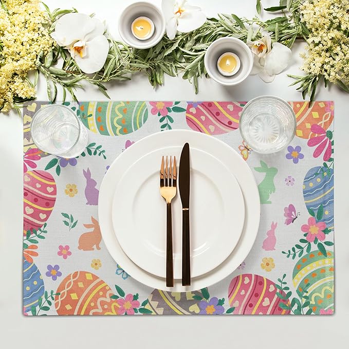 Easter Placemats Set of 4 Colorful Eggs Flowers Easter Bunny Rabbits Heat Resistant Washable Spring Seasonal Table Mats 12x18 Inch for Holiday Party Kitchen Dining Decoration