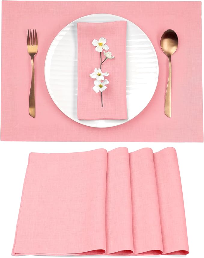 D'Moksha Homes Linen Dusty Pink Placemats Set of 4-100% Pure Linen Placemats 14 x 19 Inch for Summer - Handcrafted and Machine Washable