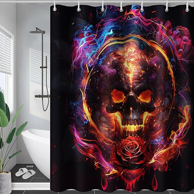 AILONEN Gothic Skull Shower Curtains for Bathroom,Red and Black Skeleton Sugar Skull Bath Curtain,Romantic Rose Flower Goth Skull Decor,Boys Men Curtain 12 Plastic Hooks Waterproof, 72" W x 96" H