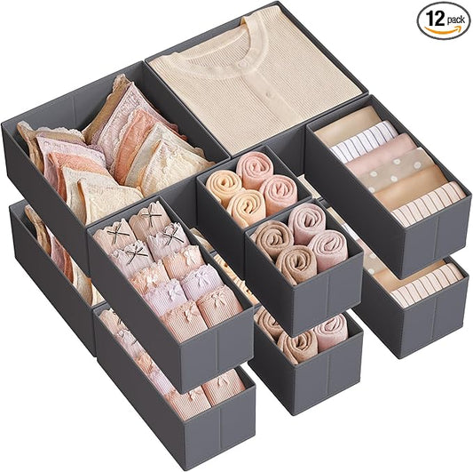 SONGMICS Drawer Organizer, Dresser Drawer Organizers, Set of 12, Foldable Fabric Storage Bins for Socks, Underwear, Bras, Ties, Scarves, Slate Gray URDZ006G03
