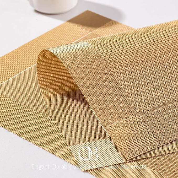 Placemats Set of 8 - Easy Clean Woven Vinyl Placemats for Dining Table, Indoor/Outdoor Place Mats, Washable PVC Table Mats（Gold Cube）