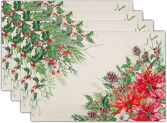 Giwawa Poinsettia Placemats Set of 4, 12x18 Inch Watercolor Christmas Red Floral Linen Table Mats for Kitchen Dining, Winter Holly Berry Pine Cones Washable Heat Resistance for Party Holiday Decor