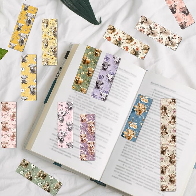 Highland Cow Floral Magnetic Bookmark - Wxiben 30 Pcs Watercolor Highland Cow Bookmarks Magnetic Cute Animal Magnets Book Markers Page Clip Gifts for Women Men Teen Students Teacher Reading Office