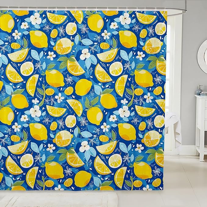 Feelyou Lemons Shower Curtain Fruits Fabric Shower Curtain for Kids Boys Girls Floral Flowers Bathroom Waterproof Accessories with 12 Hooks Blue and Yellow Curtains,72X84 Inches