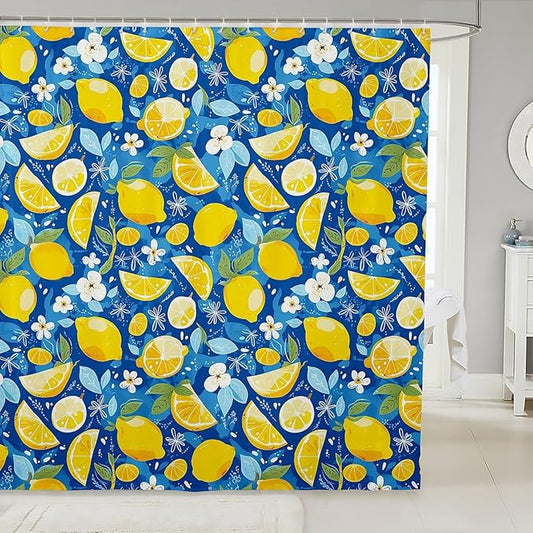 Feelyou Lemons Shower Curtain Fruits Fabric Shower Curtain for Kids Boys Girls Floral Flowers Bathroom Waterproof Accessories with 12 Hooks Blue and Yellow Curtains,72X78 Inches