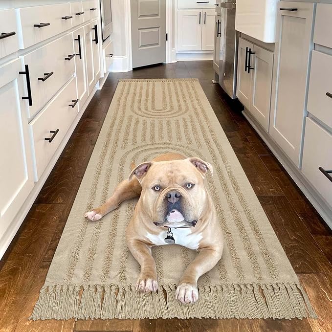 LEEVAN Washable Hallway Runner Rug 2.6'x8', Boho Rainbow Rug Runner, Hand-Woven Entryway Rug with Tassels, Farmhouse Bathroom Rug, Cotton Tufted Rugs for Bedroom, Long Carpet Sink Foyer(Tan)