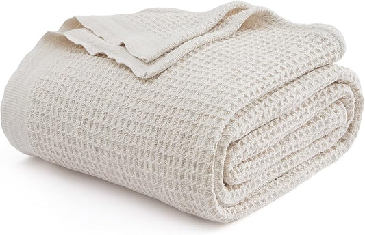 Bedsure 100% Cotton Blanket Twin XL Size for College Dorm - Breathable and Soft, Waffle Weave Twin Blanket for Summer, Dorm Room Essentials, Khaki (a Little Bit Yellow), 66x90 inches