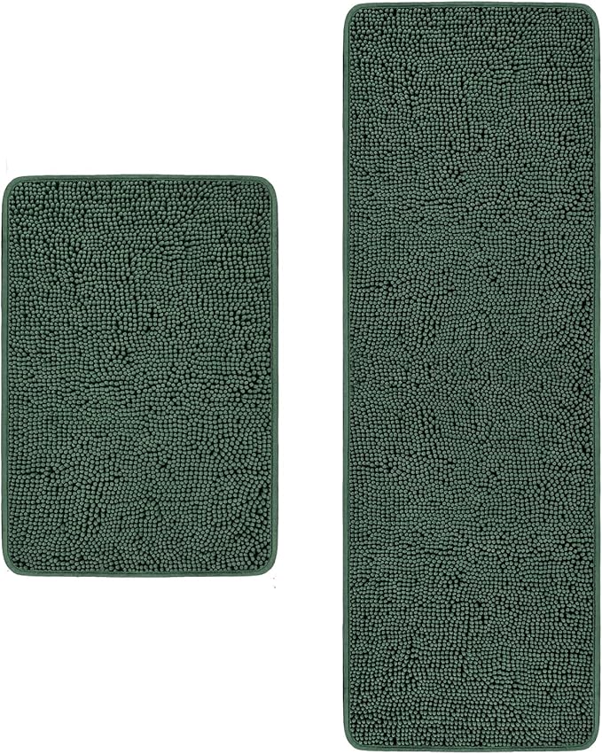 Dark Green Bathroom Rugs Sets 2 Piece – Absorbent and Washable Bath Mat, Non-Slip, Thick Soft Chenille Bath Rugs for Bathroom Floor, Shower, Sink(17" x 24"+17" x 47")