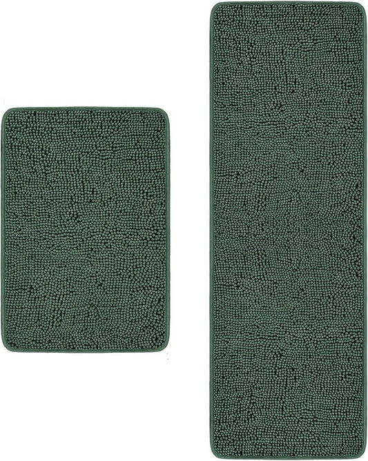 Dark Green Bathroom Rugs Sets 2 Piece – Absorbent and Washable Bath Mat, Non-Slip, Thick Soft Chenille Bath Rugs for Bathroom Floor, Shower, Sink(17" x 24"+17" x 47")