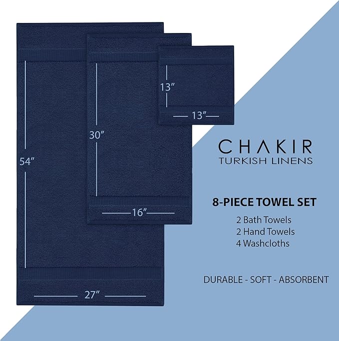 Chakir Turkish Linens | Hotel & Spa Quality 100% Cotton Premium Turkish Towels | Soft & Absorbent (8-Piece Towel Sets, Navy Blue)