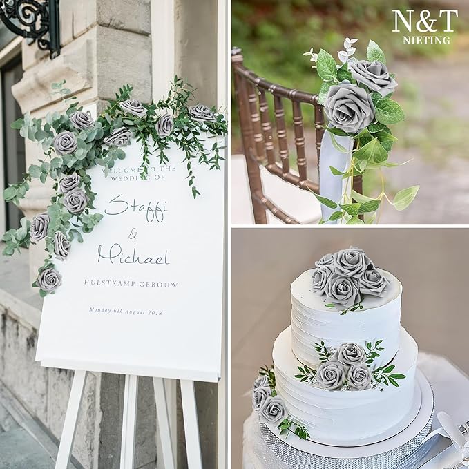 N&T NIETING Artificial Rose, 50pcs Gray Fake Foam Flowers with Stems for Wedding Party Baby Shower Cake Decoration, Home Display