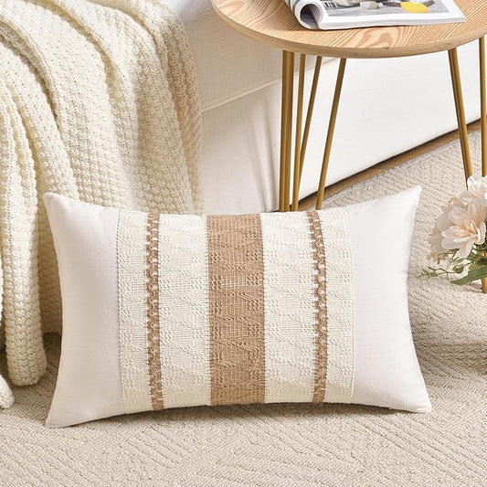 Fancy Homi Set of 1 Boho Neutral Long Lumbar Decorative Throw Pillow Cover 14x24 Inch for Couch Bed Sofa Chair, Modern Organic Farmhouse Home Decor, Soft Cotton Cute Accent Tan Rectangle Cushion Case