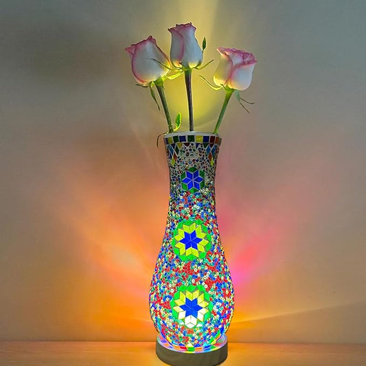 Turkish Moroccan Table Lamp, Mosaic Vase Lamp, Colorful Handmade Glass, Decorative Water-Fillable, Three-Color Light, Fit for Ambient Living Room Farmhouse