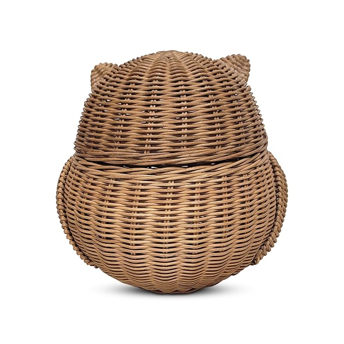 Owl Rattan Storage Basket With Lid Decorative Home Decor Hand Woven Shelf Organizer Cute Handmade Handcrafted Gift Art Decoration Artwork Wicker Hoot Owl (Small, Brown)