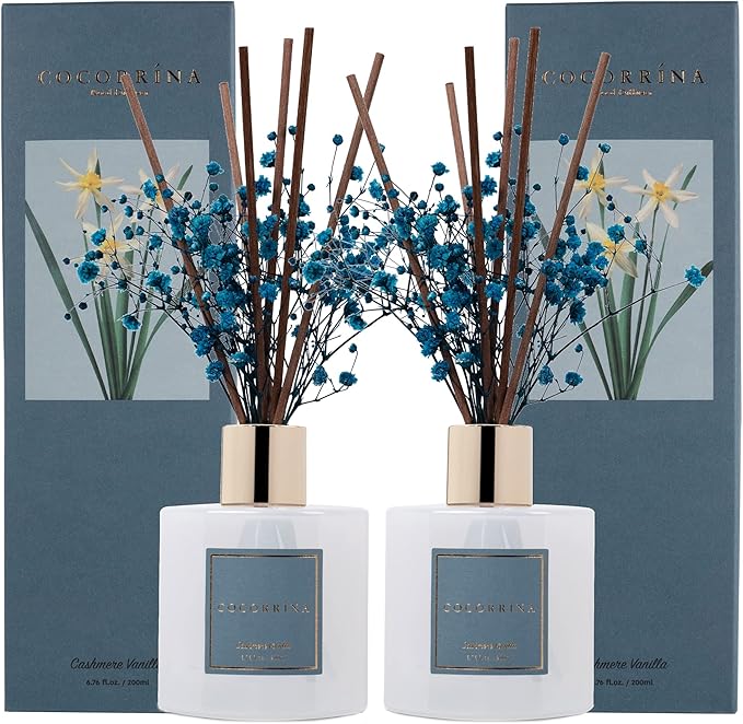 Cocorrína Premium Reed Diffuser Set with Preserved Baby's Breath & Cotton Stick Cashmere Vanilla 2 Packs, 6.7oz Scent Fragrance Oil Diffuser for Bedroom Bathroom Home Décor