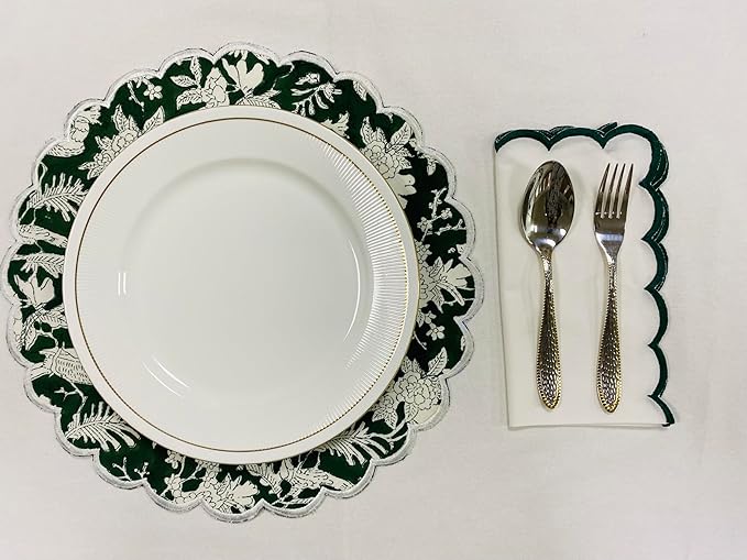 Ridhi Riffle Green Bo-ho Round Place Mat Double Layer Floral Cotton Washable Placemats 15" Round Embroidery Block Print Table Mat Pack of 4-15 Inch Round