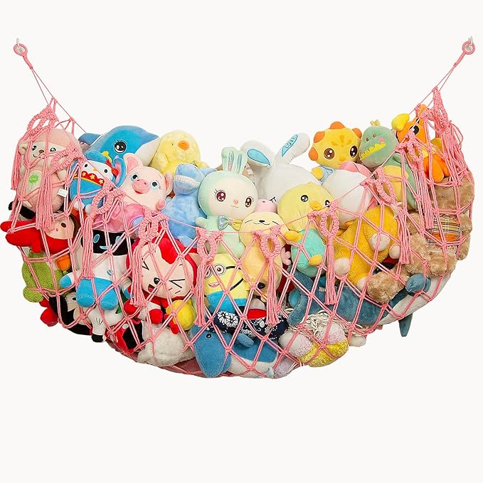 Large Stuffed Animal Storage Net or Hammock Wall Mounted Macrame Stuffed Animal Display For Nursery Hanging Organizers Pink