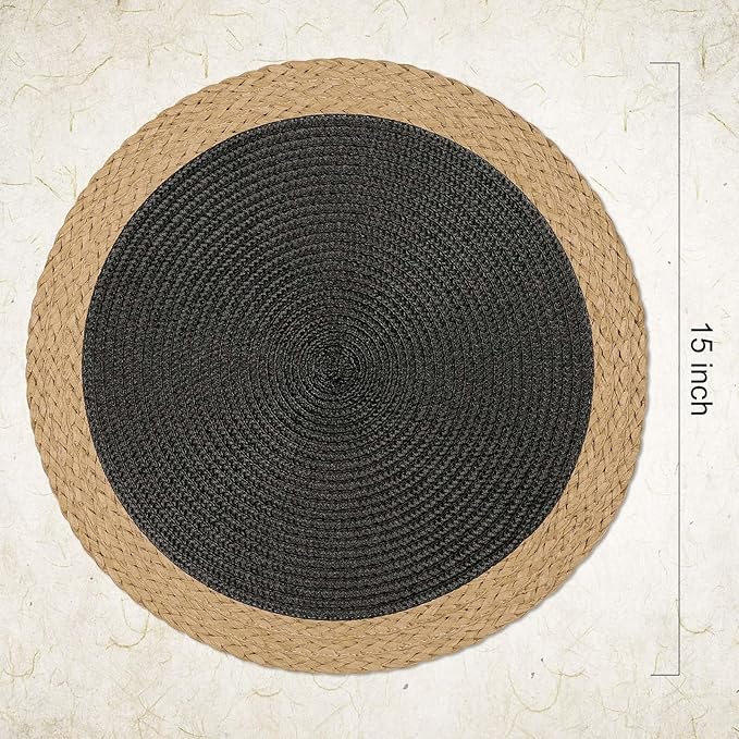 Noctiflorous Round Braided Placemats Set of 6 Table Mats 15 Inches Washable Heat Resistant for Dining Table Non-Slip Indoor Outdoor Place Mats for Thanksgiving Christmas Easter(Black Wide Edge 6)