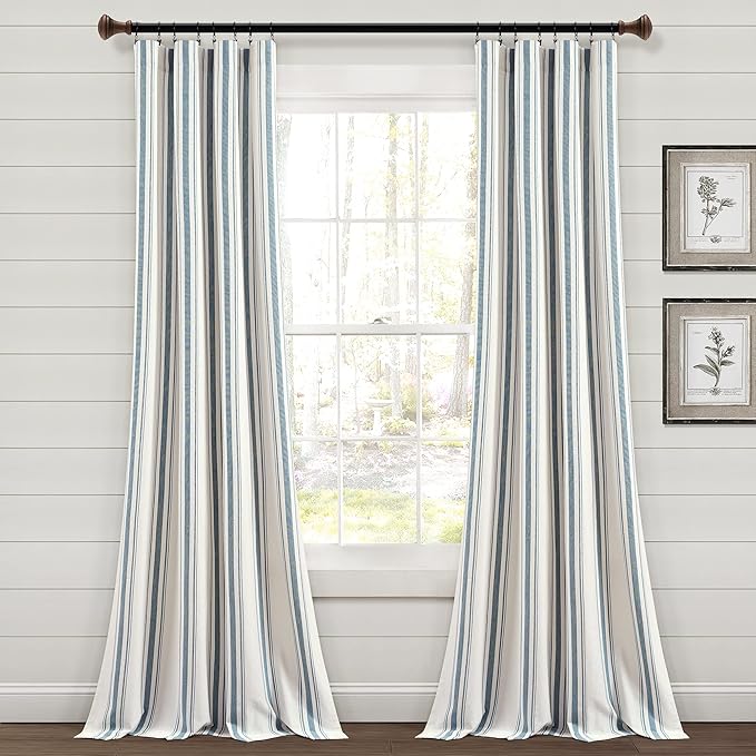 Lush Decor Farmhouse Stripe Yarn Dyed Cotton Window Curtain Panel Pair, 42" W x 84" L, Blue - Classic Modern Rustic Charm - Eco Friendly Cotton Fabric, Rod Pocket, Farmhouse stripe