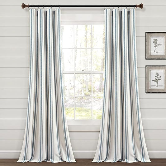Lush Decor Farmhouse Stripe Yarn Dyed Cotton Window Curtain Panel Pair, 42" W x 84" L, Blue - Classic Modern Rustic Charm - Eco Friendly Cotton Fabric, Rod Pocket, Farmhouse stripe