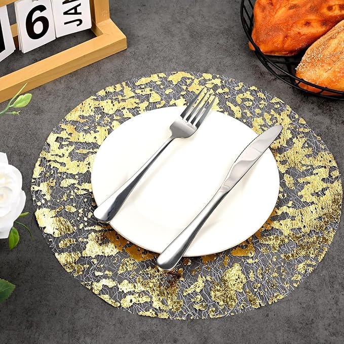 200 Pcs Gold Placemats Disposable Round Table Mat 13 Inch Gold Foil Mesh Pressed Placemats Metallic Thin Mesh Table Runner for Home Decoration Dining Wedding Birthday Party