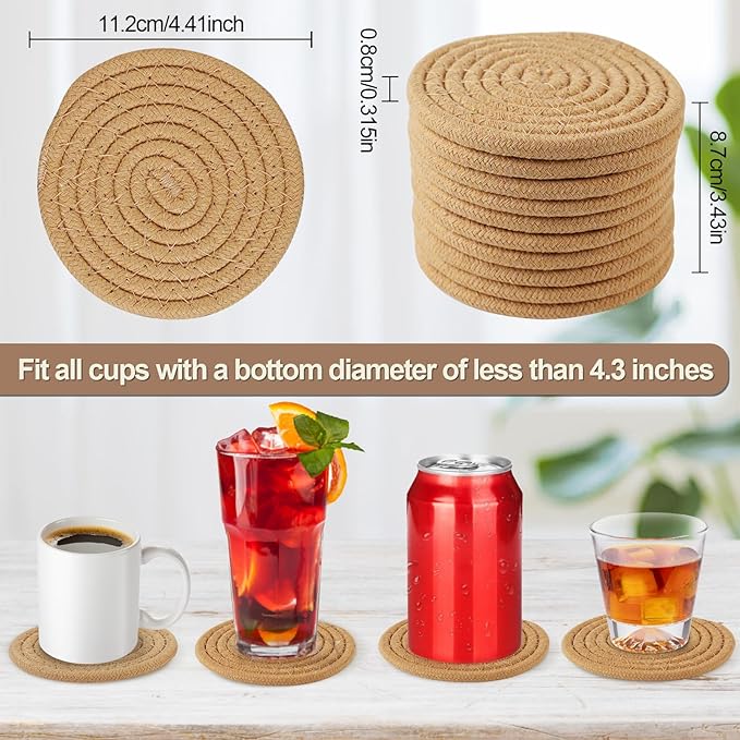 Vivinin 10 Boho Cotton Coasters - Absorbent Coasters for Drinks, Brown Set for Room Decor, Bar, Housewarming Gift, 4.3"