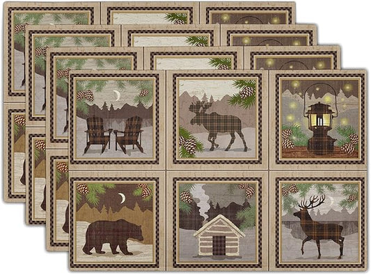 Giwawa Vintage Bear Deer Placemats Rustic Wildlife Moose Forest Animal Cabin Lodge Lake Pine Cone Heat-Resistant Linen Table Place Mats Set of 4 for Dining Kitchen Country Camp Style Farmhouse Decor