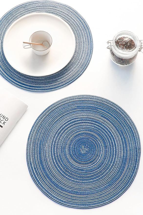 Floroom 15 Inch Round Braided Placemats Set of 6, Washable Heat Resistant Cotton Polyester Circle Place Mats for Kitchen Dining Table - Seascape Blue