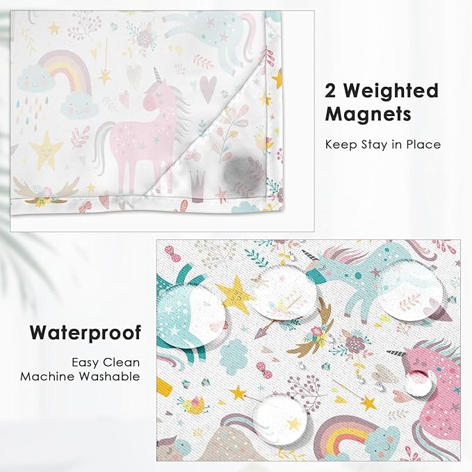 Unicorns Rainbow Cute No Hook Shower Curtain with Snap in Liner, Cloud Fun Girl Kids Colorful Bath Curtain with Double Layers Waterproof Fabric and Mesh Top Window 71x74 Inch