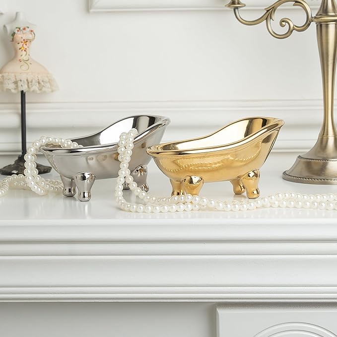 5.6" Ceramic Mini Bathtub Soap Dish Decortative Clawfoot Bathroom Soap Dish (Silver)