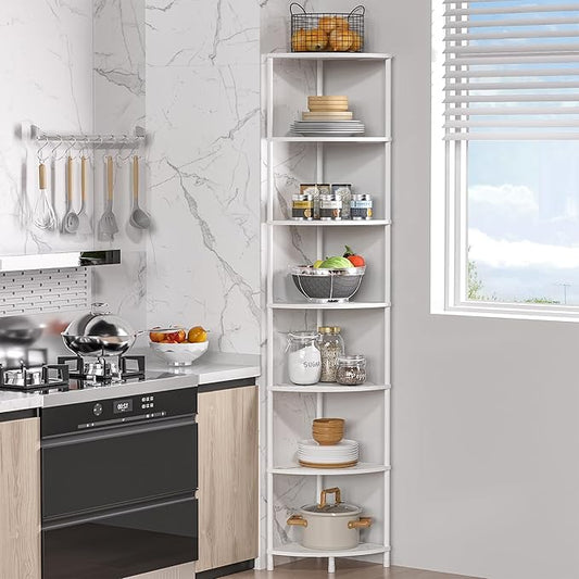 7 Tier Corner Shelf Stand Kitchen Organizer with Metal Frame for Organization & Storage Corner Shelves Kitchen Decor Accessories Marble White 64.7"