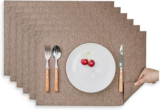 Mebakuk Cloth Placemats, Machine Washable Linen Style Thick Place Mats, Heat Resistant and Easy to Clean Fabric Table Mats for Kitchen Dining Table (Flaxen, Set of 6)