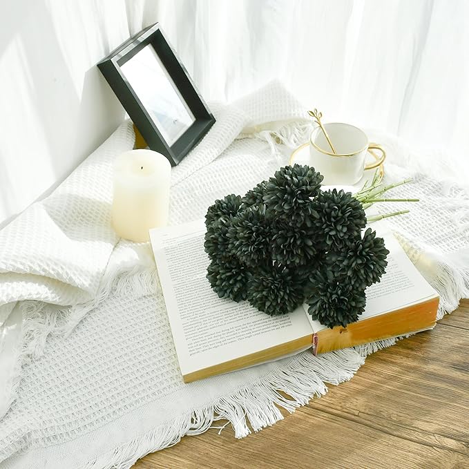 Mandy's Dark Grey Artificial Ball Chrysanthemum 12 Stems Faux Flowers with Bendable Stems for DIY Wedding Centerpiece Fall Decor Home Arrangements