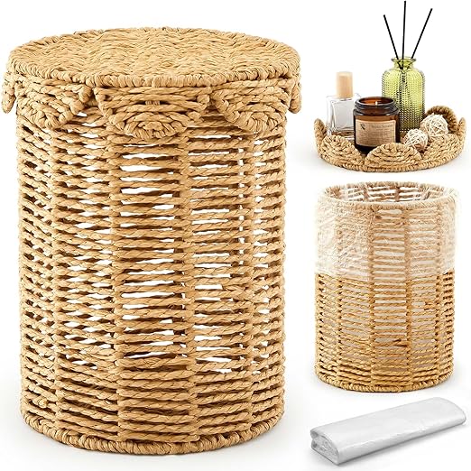 Ctosree 1.3 Gallons Small Wicker Trash Can with Lid Handle Woven Wicker Rattan Bathroom Waste Basket Boho Trash Basket with 100 Plastic Garbage Bags for Bedroom Office Laundry (Scalloped Style)