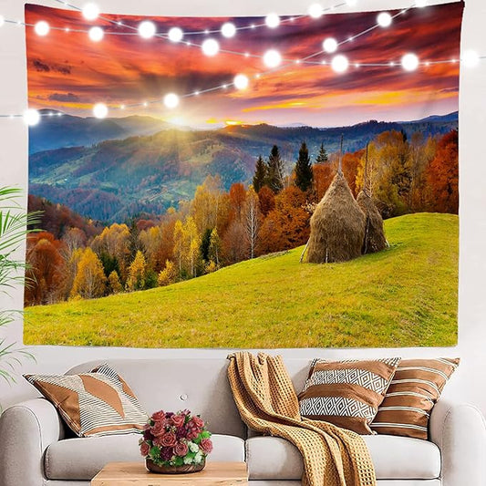 BaoNews Golden Yellow Autumn Mountain Tapestry,Landscape Countryside Large Wall Hanging Polyester Tablecloths Tapestry Bedroom Room Living Room Dorm 39.4 x 59.1 Inches