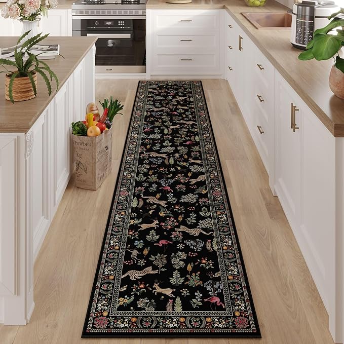 Runners for Kitchen Runner Rug Non Slip 2'x10' Long Washable Rugs with Rubber Backing Soft Floral Animal Carpet Runner for Kitchen, Laundry, Bedroom, Bathroom (Black)