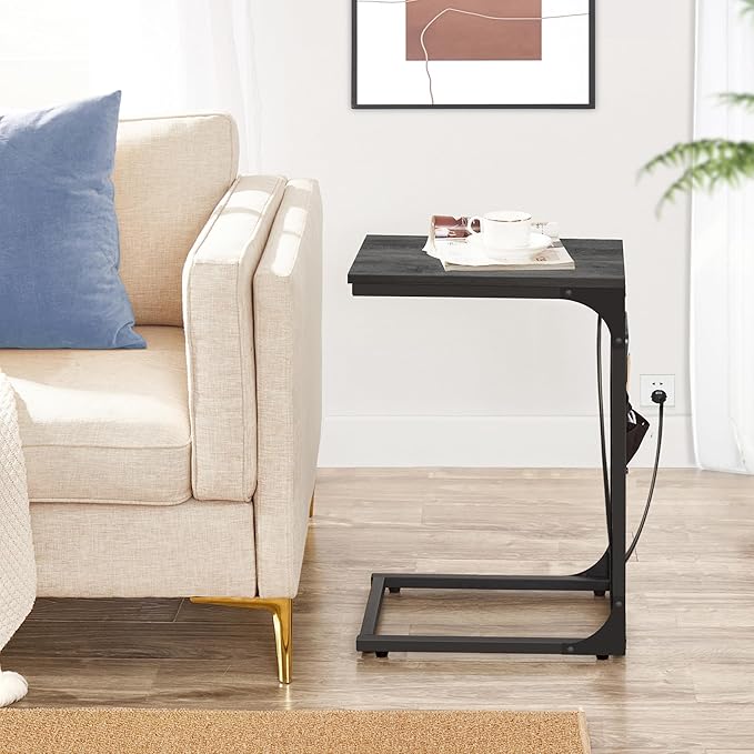 TUTOTAK C Shaped End Table with Charging Station, Side Table for Sofa, Couch Table with Storage Bag, Set of 2, TV Tray Table with 2 USB Ports and Outlets for Living Room, Bedroom, TB01BY0242
