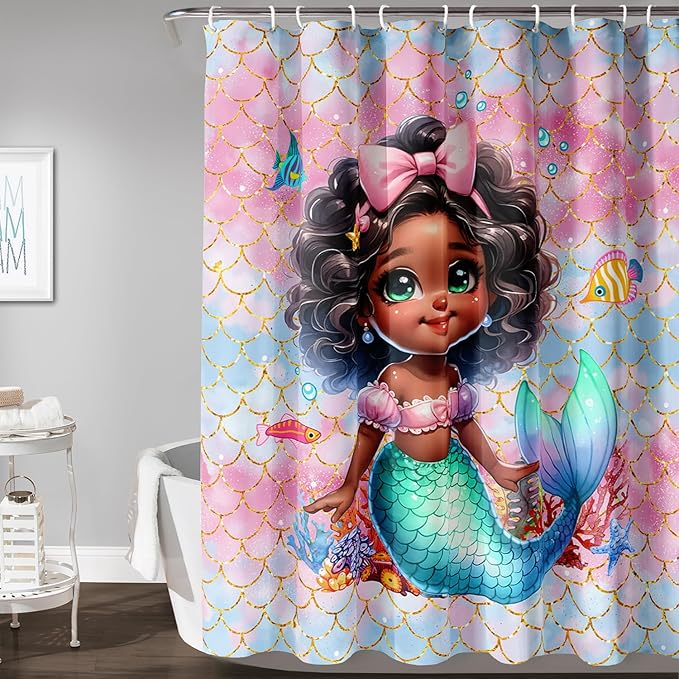 AILONEN Mermaid Shower Curtain,Cute Black Girls Mermaid Bath Curtain for Kids Girls,Ocean Fish Pink Mermaid Scale Print Shower Curtain for Bathroom Decor Waterproof with 12 Plastic Hooks, 72" W*84" H