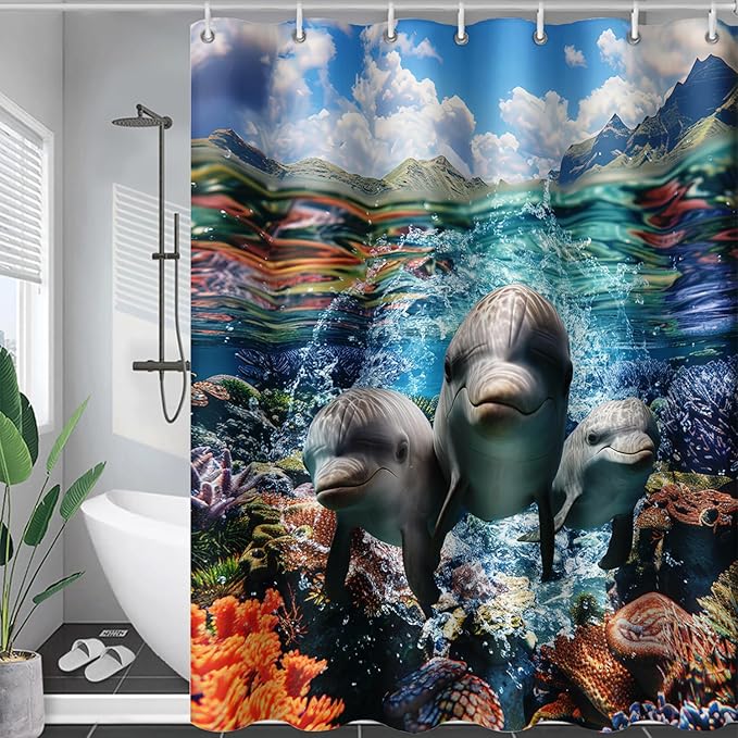 AILONEN Cute Dolphin Shower Curtain,Ocean Dolphin Bath Curtain,Tropic Sea Coral Beach Curtain,Boys Girls Kids Curtain for Bathroom Decor Waterproof, 36" W x 72" H