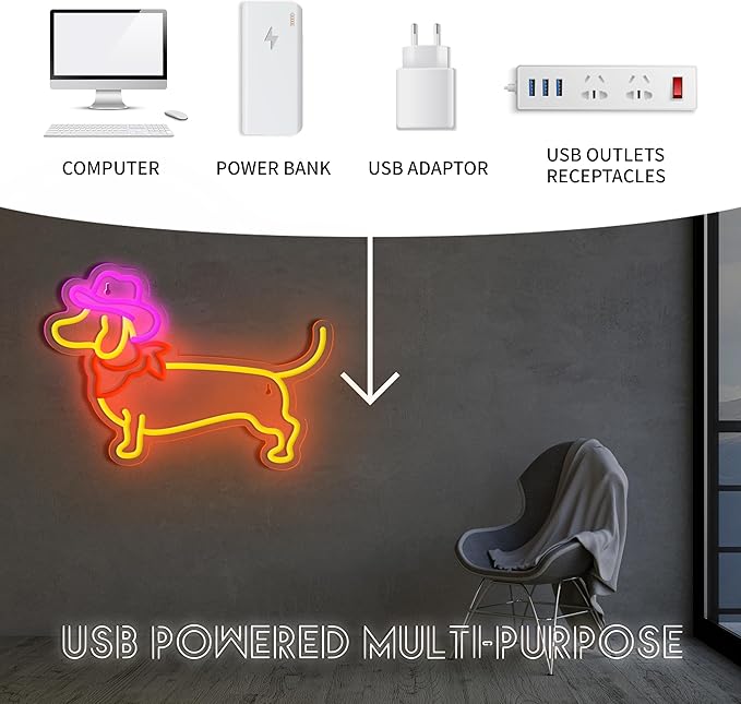 Dachshund Neon Sign Dog Neon Signs for Wall Decor Cute Puppy with Cowboy Hat Led Light Sign for Pet Shop Bedroom Wall Home Party Decor, Party Accessory, Gift for Dog Lover…