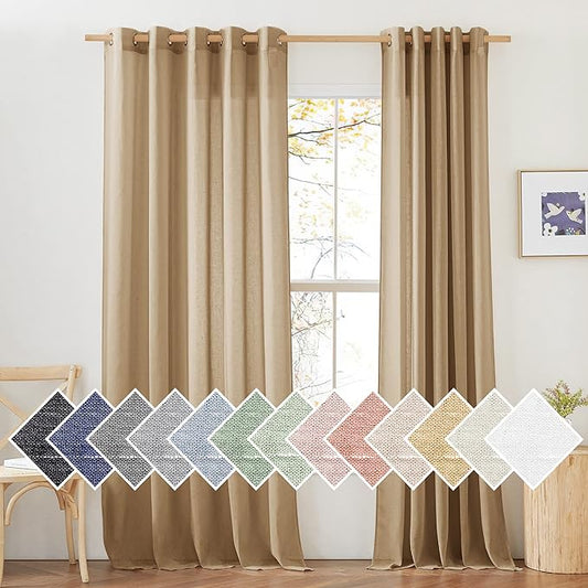 NICETOWN Sheer Linen Curtains Flax Texture 96 inch Long for Sliding Door, Grommet Semi Sheer Window Drapes Privacy with Light Filtering for Bedroom/Living Room, Camel, W70 x L96, 2 Panels