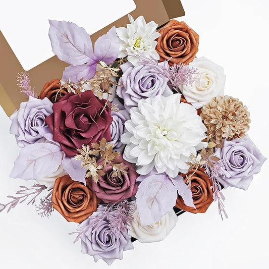 MISSPIN Artificial Flowers DIY Box Set Fake Roses Bouquet Bridal Wedding Flowers Colorful Centerpiece Table Decorations Boho Faux Floral with Stems Arrangements for Cake Home Party Indoor Outdoor
