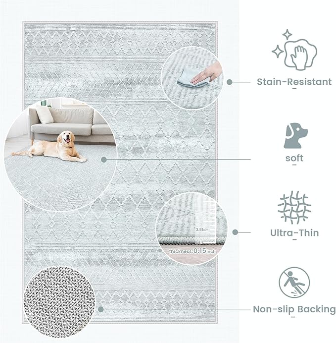 8x10 Area Rug Living Room: Washable Boho Geometric Moroccan Rug Neutral Modern Farmhouse Indoor Soft Non Slip Ultra Thin Large Printed Pattern Carpet for Bedroom Home Office (Grey, 8'x10')