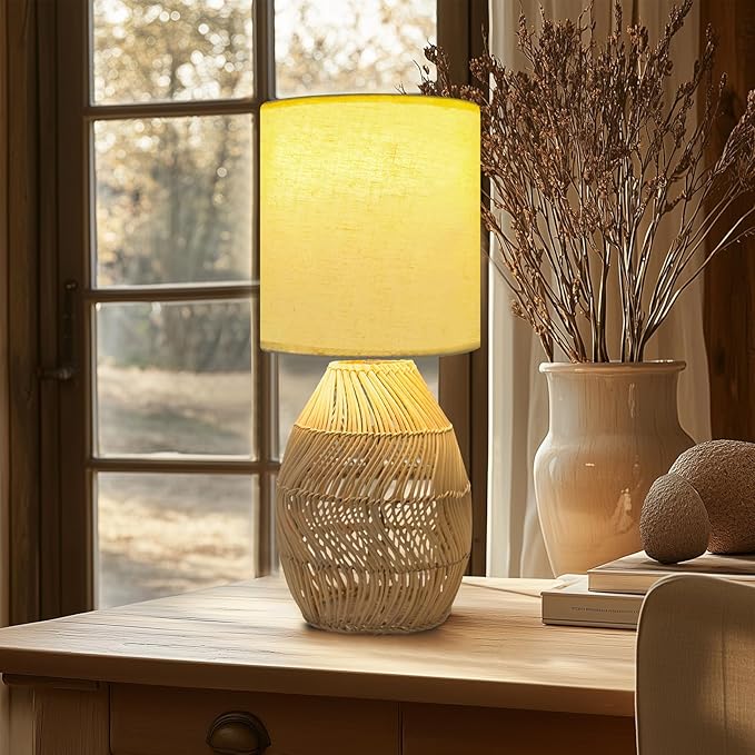Nightstand Boho Rattan Table Lamp - 3 Color Temperature Handmade Bamboo Woven Lamp for Bedside Living Room (Striped, 1 Pack)