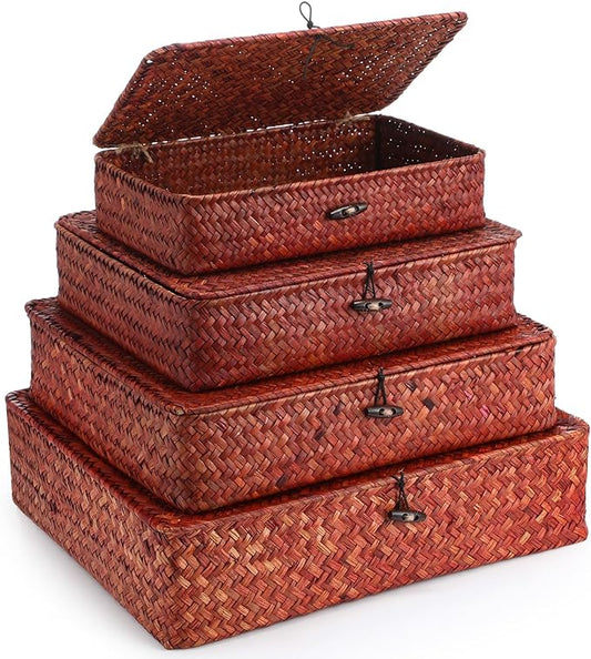 Set of 4 Seagrass Basket with Lid Wicker Storage Basket Decorative Storage Boxes with Lids Flat Storage Bins Woven Organizer Baskets for Shelf Closet Bedroom, 4 Sizes (Retro Red)