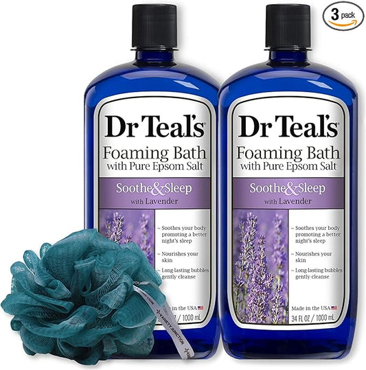 Dr. Teal's Lavender Foaming Bath 34 oz (Pack of 2) with Variety Junction Premium Bath and Shower Sponge, Soothing & Relaxing, Bubble Bath, Soaking Bath, Men's and Women's